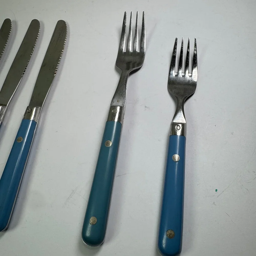Vintage Stainless Korea 6 Piece Flatware Cutlery Set Incomplete Forks‎ Blue MCM